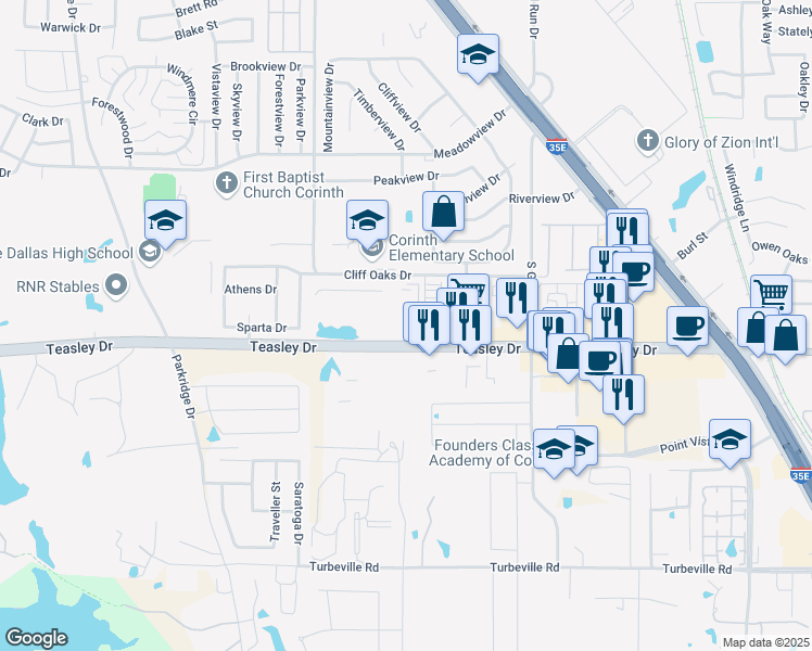 map of restaurants, bars, coffee shops, grocery stores, and more near 3501 Farm to Market Road 2181 in Denton