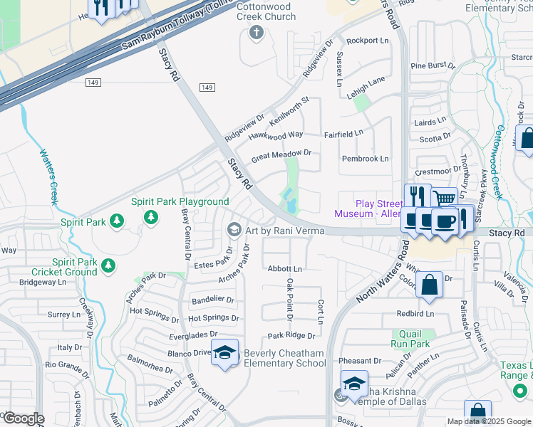 map of restaurants, bars, coffee shops, grocery stores, and more near 2142 Arches Park Court in Allen