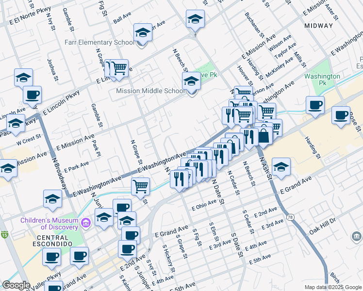 map of restaurants, bars, coffee shops, grocery stores, and more near 820 East Washington Avenue in Escondido