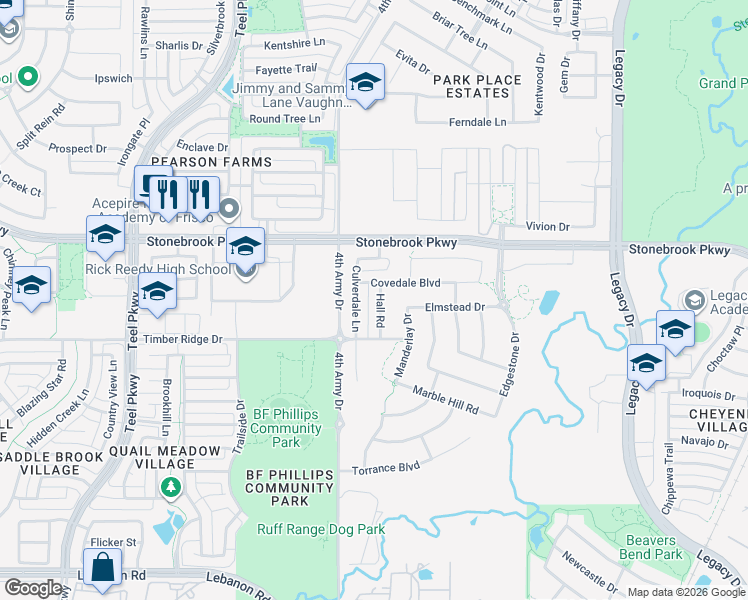 map of restaurants, bars, coffee shops, grocery stores, and more near 6254 Culverdale Lane in Frisco