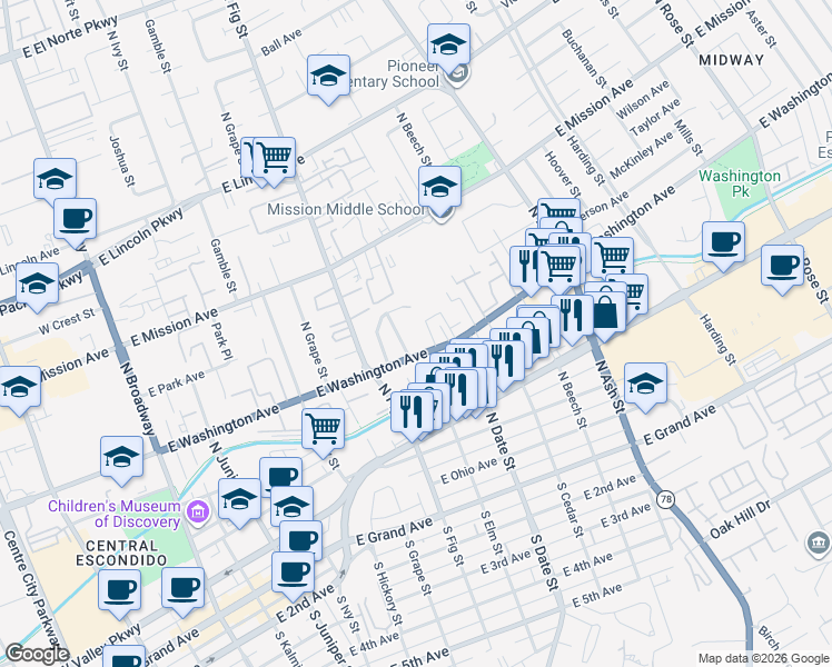 map of restaurants, bars, coffee shops, grocery stores, and more near 820 East Washington Avenue in Escondido