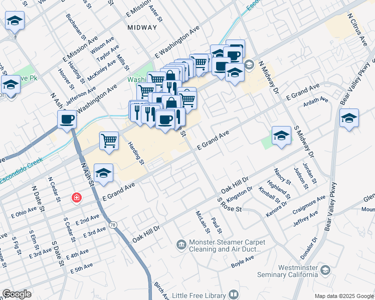 map of restaurants, bars, coffee shops, grocery stores, and more near 1556 East Grand Avenue in Escondido