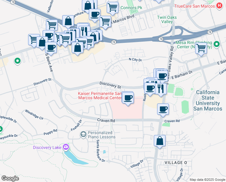 map of restaurants, bars, coffee shops, grocery stores, and more near 493 Village Greens Way in San Marcos