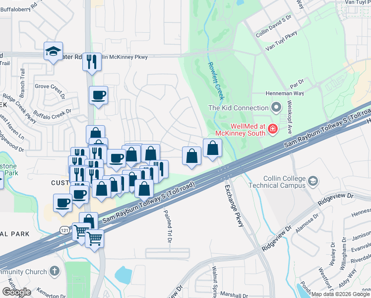 map of restaurants, bars, coffee shops, grocery stores, and more near 7179 Kingston Heath Drive in McKinney