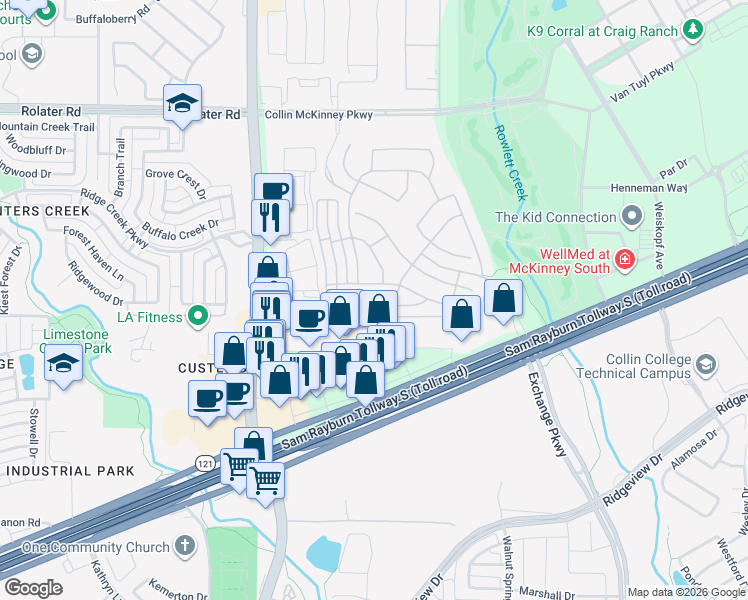 map of restaurants, bars, coffee shops, grocery stores, and more near 8608 Barnbougle Dunes Drive in McKinney