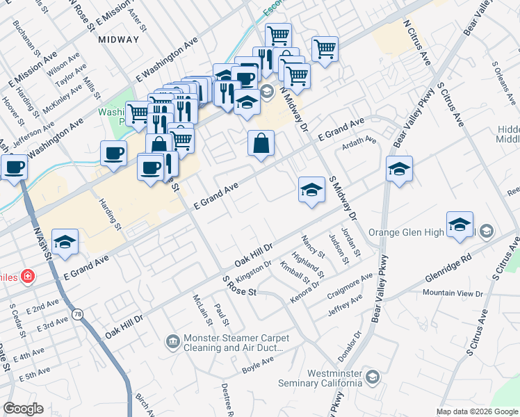 map of restaurants, bars, coffee shops, grocery stores, and more near 352 Highland Place in Escondido