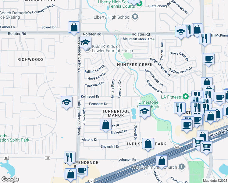 map of restaurants, bars, coffee shops, grocery stores, and more near 6302 Hunters Parkway in Frisco