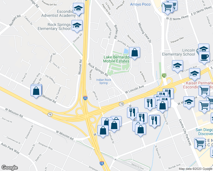 map of restaurants, bars, coffee shops, grocery stores, and more near 1010 Crystal Springs Place in Escondido