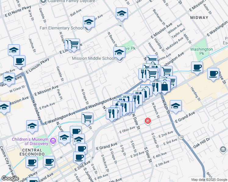 map of restaurants, bars, coffee shops, grocery stores, and more near 804 East Washington Avenue in Escondido