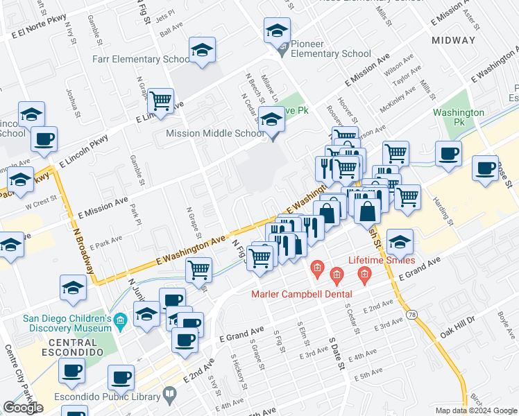 map of restaurants, bars, coffee shops, grocery stores, and more near 804 East Washington Avenue in Escondido