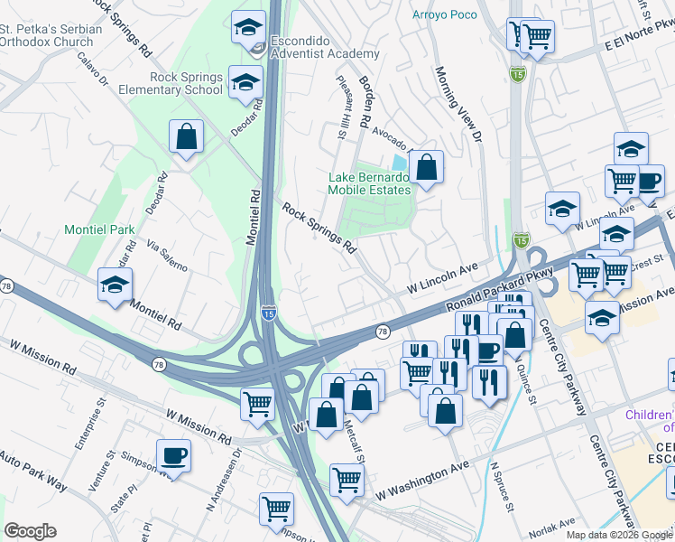 map of restaurants, bars, coffee shops, grocery stores, and more near 1010 Crystal Springs Place in Escondido