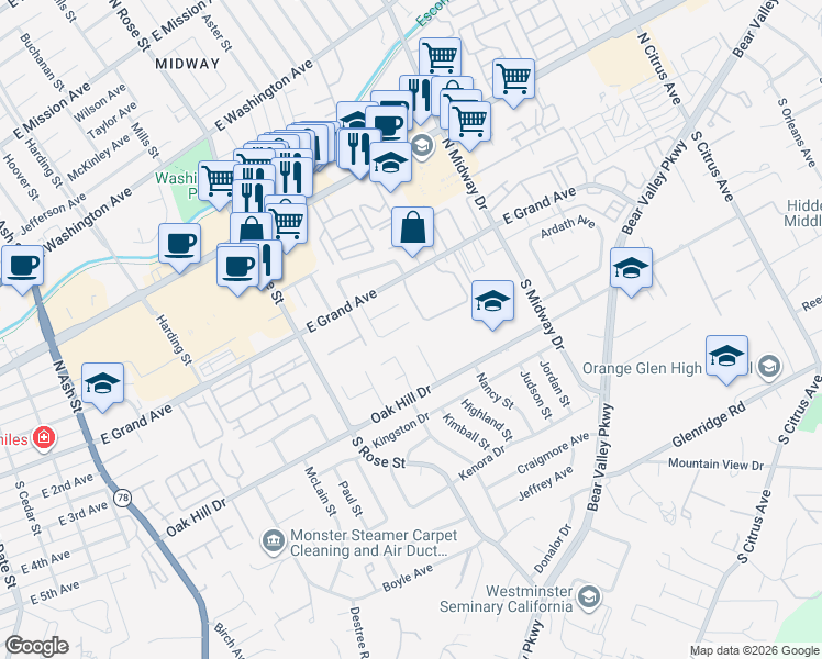 map of restaurants, bars, coffee shops, grocery stores, and more near 352 Highland Place in Escondido