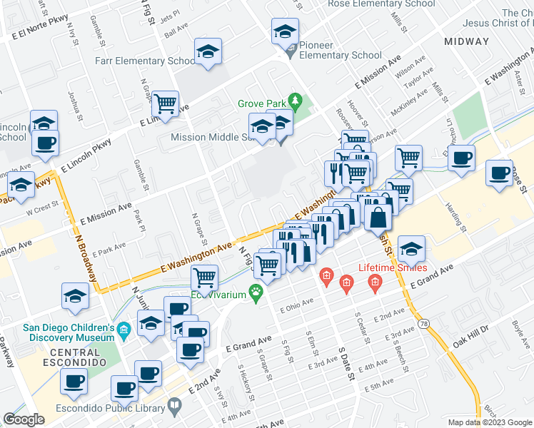 map of restaurants, bars, coffee shops, grocery stores, and more near 804 East Washington Avenue in Escondido