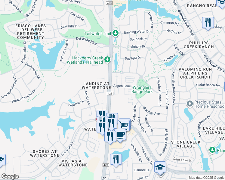map of restaurants, bars, coffee shops, grocery stores, and more near 6128 Pepperbark Drive in Frisco