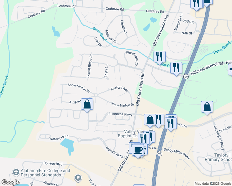 map of restaurants, bars, coffee shops, grocery stores, and more near 8447 Snow Circle in Tuscaloosa