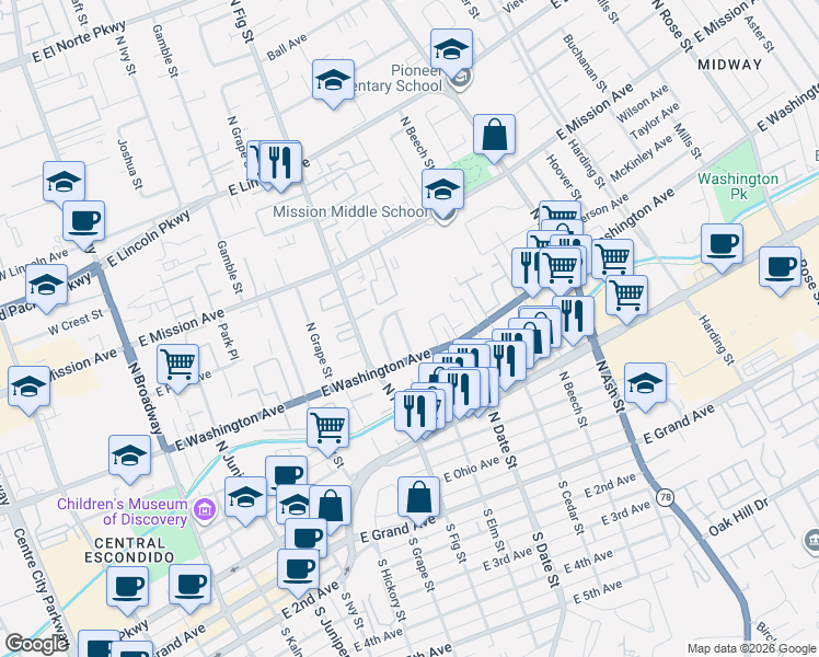 map of restaurants, bars, coffee shops, grocery stores, and more near 630 North Elm Street in Escondido