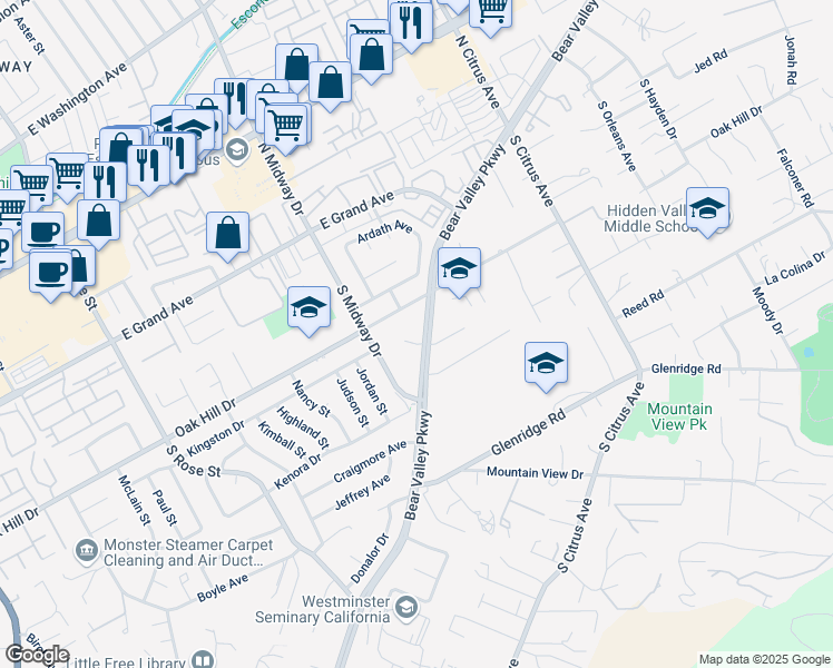 map of restaurants, bars, coffee shops, grocery stores, and more near 2101 Beartrap Place in Escondido