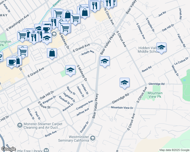 map of restaurants, bars, coffee shops, grocery stores, and more near 2101 Beartrap Place in Escondido