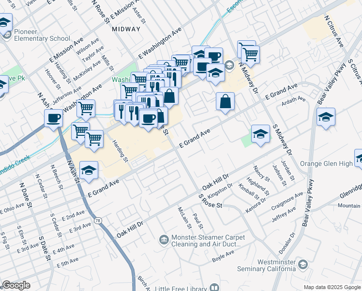 map of restaurants, bars, coffee shops, grocery stores, and more near in Escondido
