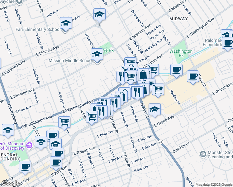 map of restaurants, bars, coffee shops, grocery stores, and more near 1001 Cedar Brook in Escondido