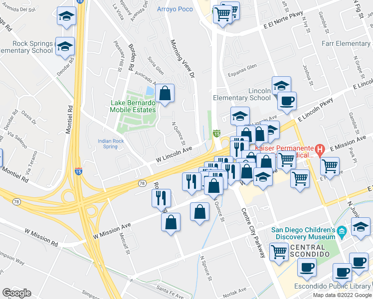 map of restaurants, bars, coffee shops, grocery stores, and more near 711 West Lincoln Avenue in Escondido