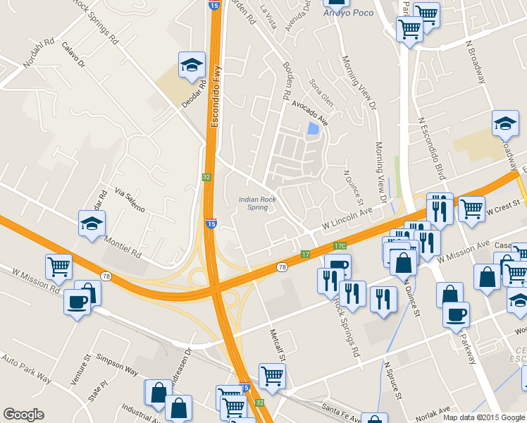 map of restaurants, bars, coffee shops, grocery stores, and more near 1016 Crystal Springs Place in Escondido