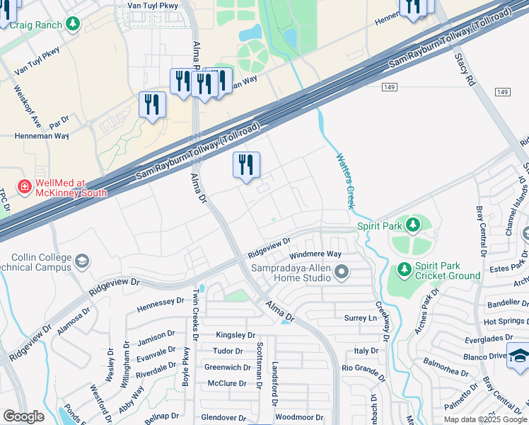 map of restaurants, bars, coffee shops, grocery stores, and more near 1300-1408 Ridgeview Drive in Allen
