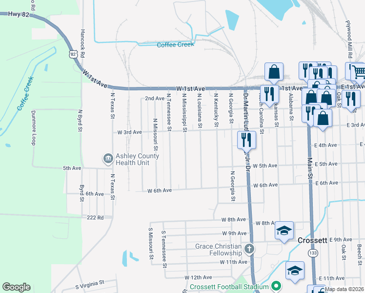 map of restaurants, bars, coffee shops, grocery stores, and more near 400 North Mississippi Street in Crossett