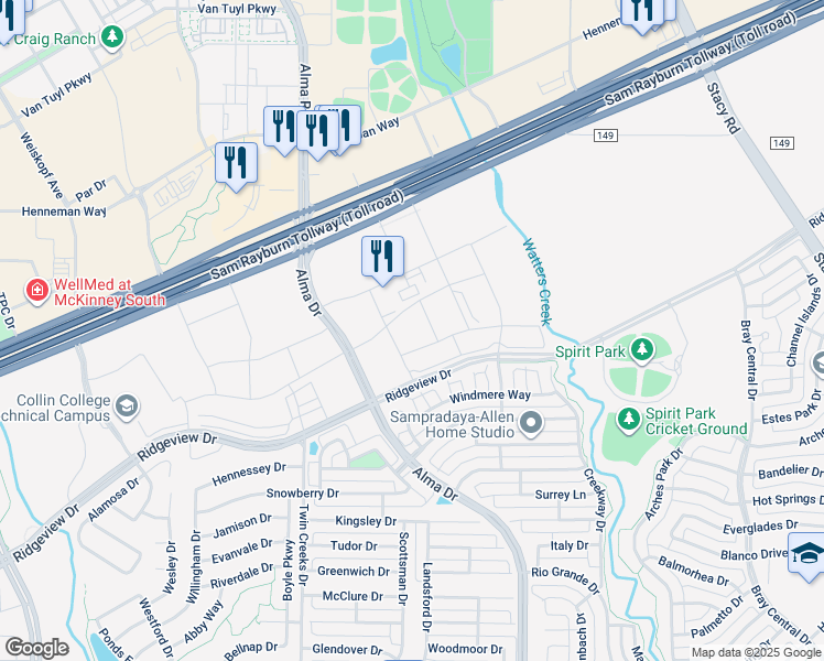 map of restaurants, bars, coffee shops, grocery stores, and more near 1300-1408 Ridgeview Drive in Allen