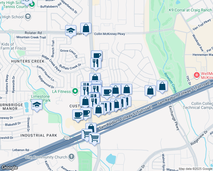 map of restaurants, bars, coffee shops, grocery stores, and more near 7220 Royal View Drive in McKinney