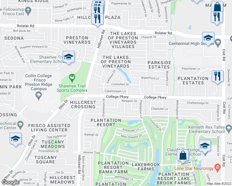 map of restaurants, bars, coffee shops, grocery stores, and more near 6305 Montgomery Drive in Frisco
