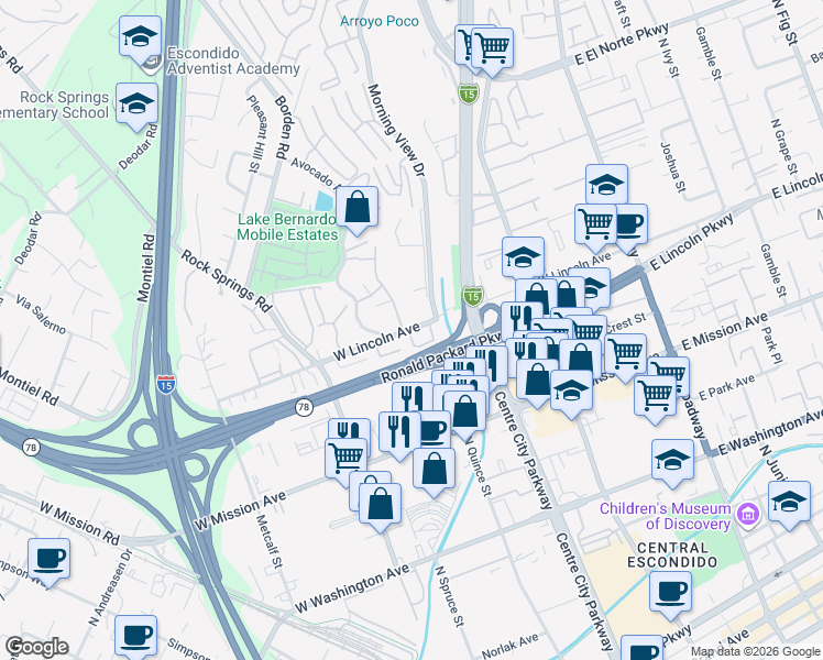 map of restaurants, bars, coffee shops, grocery stores, and more near 711 West Lincoln Avenue in Escondido