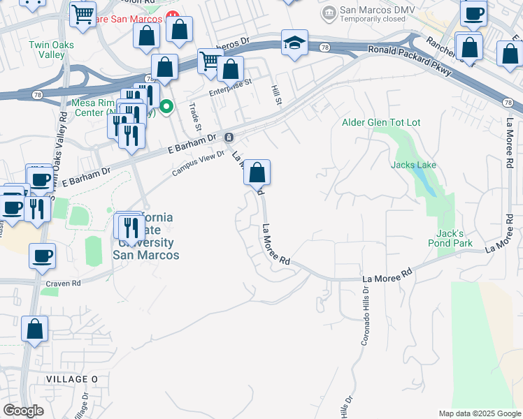 map of restaurants, bars, coffee shops, grocery stores, and more near 479 Camino Verde in San Marcos