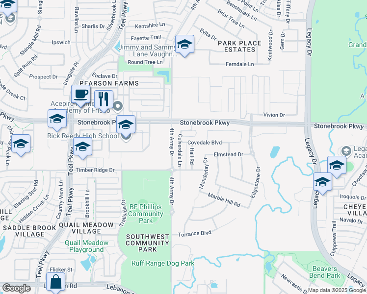 map of restaurants, bars, coffee shops, grocery stores, and more near 6350 Culverdale Lane in Frisco