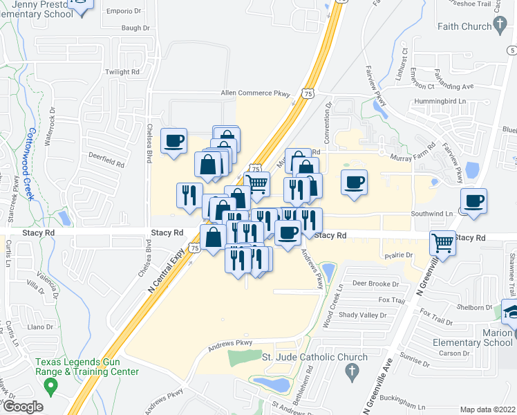 map of restaurants, bars, coffee shops, grocery stores, and more near 105 East Stacy Road in Fairview