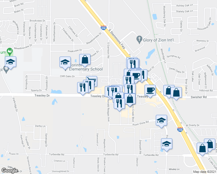map of restaurants, bars, coffee shops, grocery stores, and more near 3161 South Garrison Street in Corinth