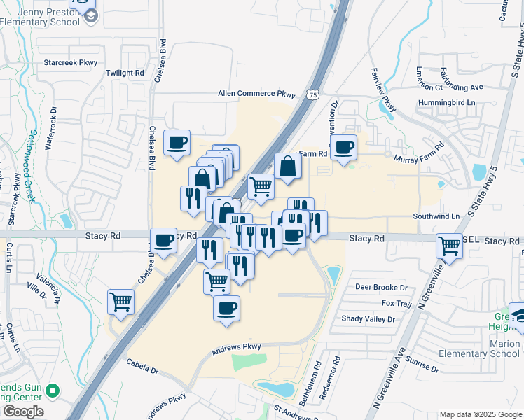map of restaurants, bars, coffee shops, grocery stores, and more near 105 Stacy Road in McKinney