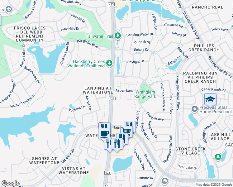 map of restaurants, bars, coffee shops, grocery stores, and more near 6300 Farm to Market Road 423 in Frisco