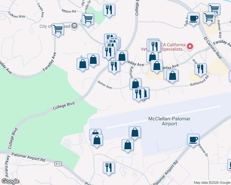 map of restaurants, bars, coffee shops, grocery stores, and more near 5931 Darwin Court in Carlsbad