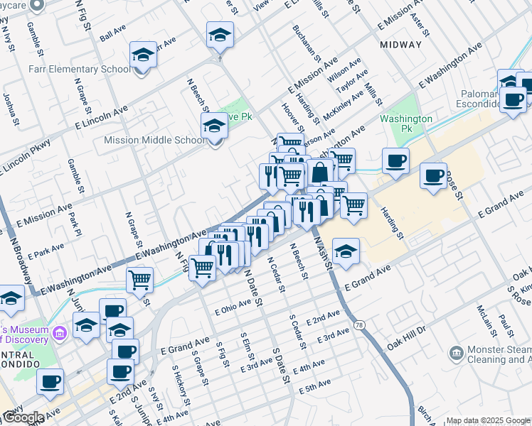 map of restaurants, bars, coffee shops, grocery stores, and more near 535 North Beech Street in Escondido