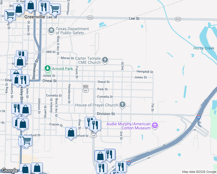 map of restaurants, bars, coffee shops, grocery stores, and more near 1309 Park Street in Greenville