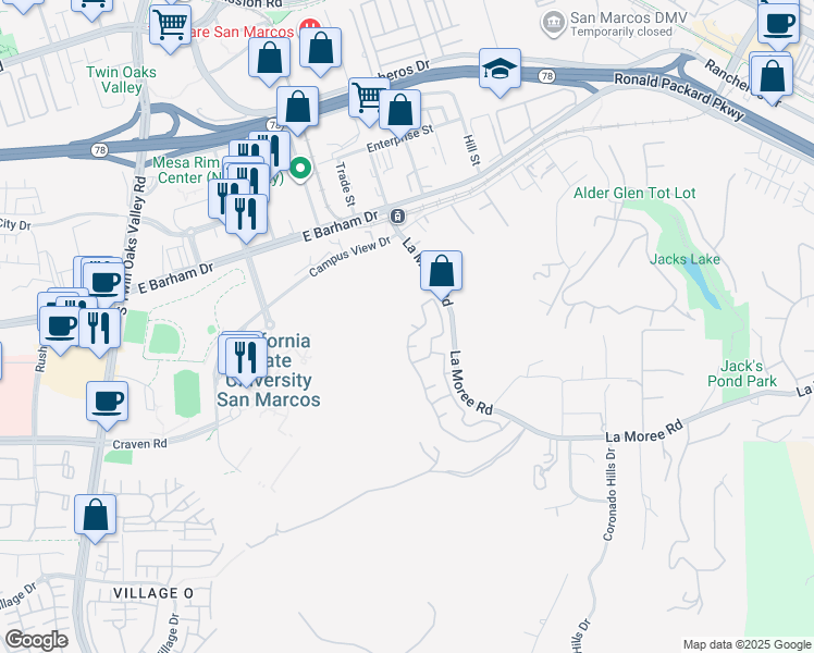 map of restaurants, bars, coffee shops, grocery stores, and more near 307 Calle De Portola in San Marcos