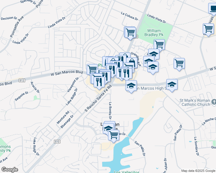 map of restaurants, bars, coffee shops, grocery stores, and more near 818 Rancho Santa Fe Road in San Marcos