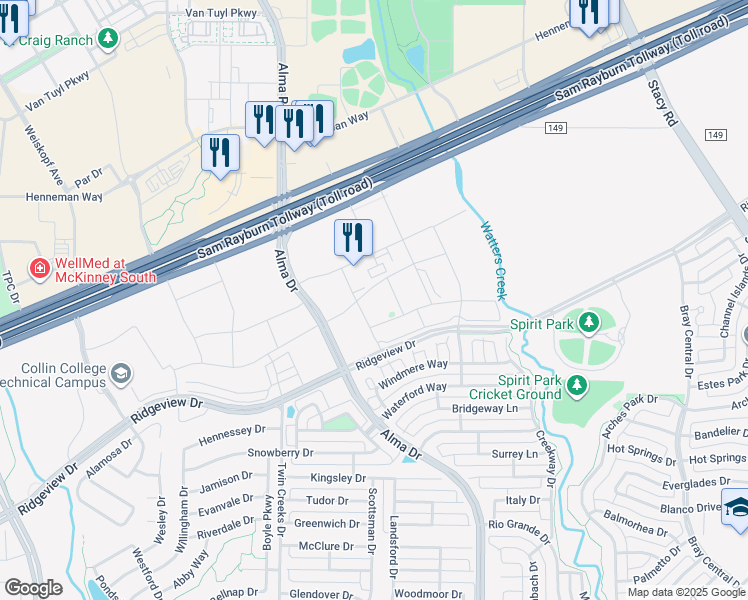 map of restaurants, bars, coffee shops, grocery stores, and more near 2100-2170 Alma Dr in Allen