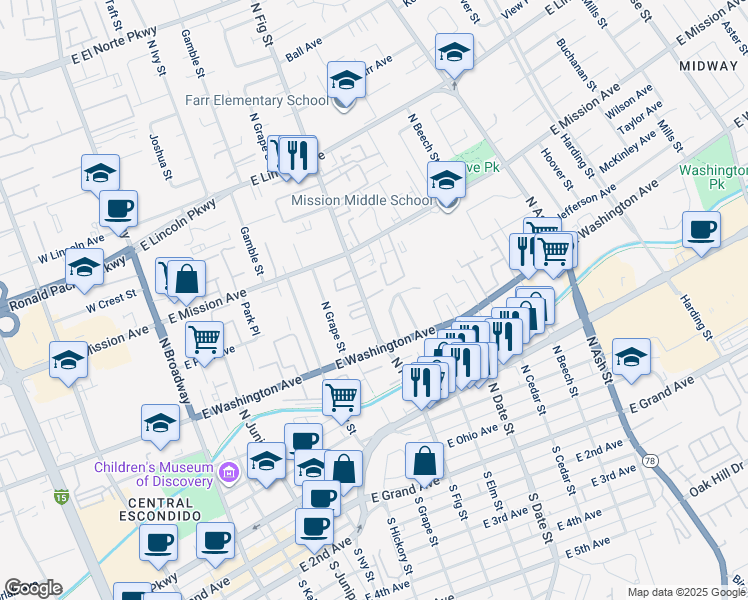 map of restaurants, bars, coffee shops, grocery stores, and more near 664 North Fig Street in Escondido