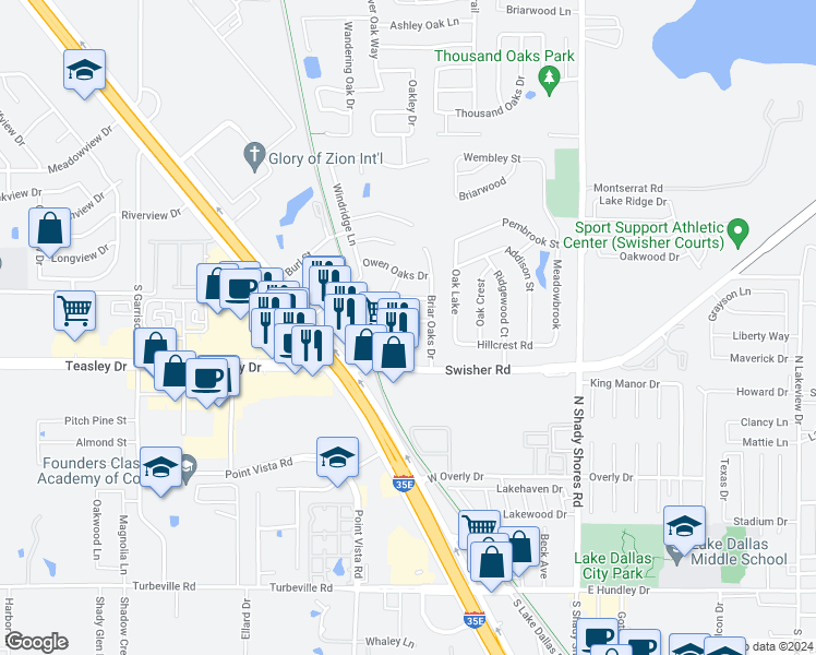 map of restaurants, bars, coffee shops, grocery stores, and more near 305 Wallford Lane in Lake Dallas
