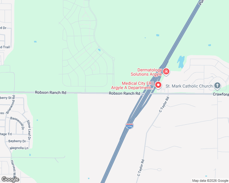 map of restaurants, bars, coffee shops, grocery stores, and more near Robson Ranch Road in Denton