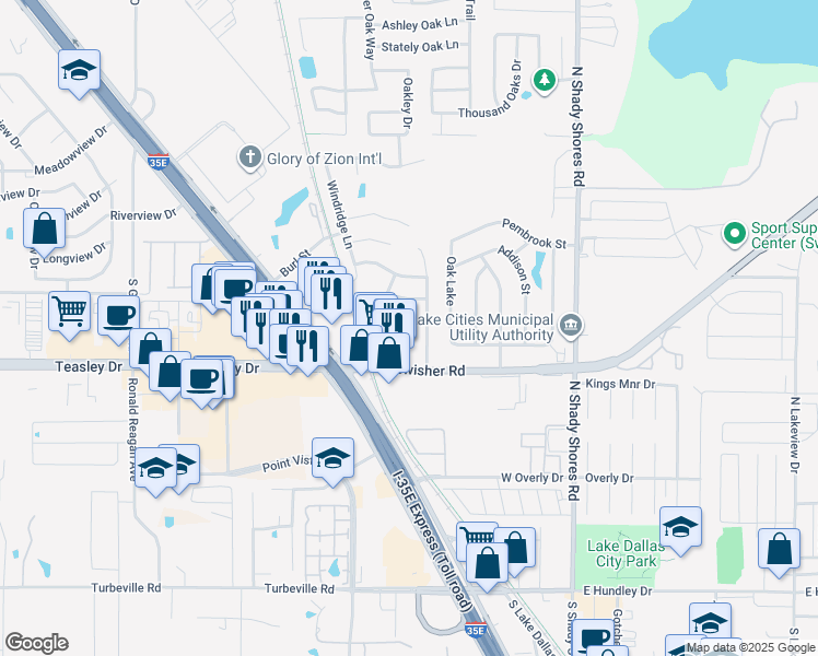 map of restaurants, bars, coffee shops, grocery stores, and more near 303 Wallford Lane in Lake Dallas