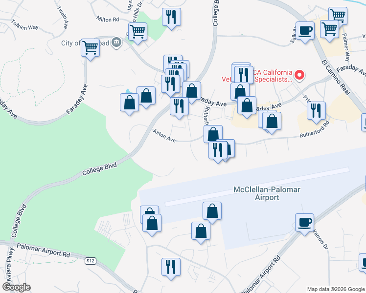 map of restaurants, bars, coffee shops, grocery stores, and more near 5931 Darwin Court in Carlsbad