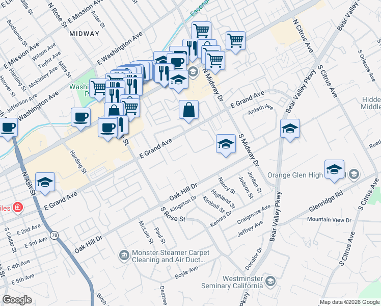 map of restaurants, bars, coffee shops, grocery stores, and more near 352 Highland Place in Escondido